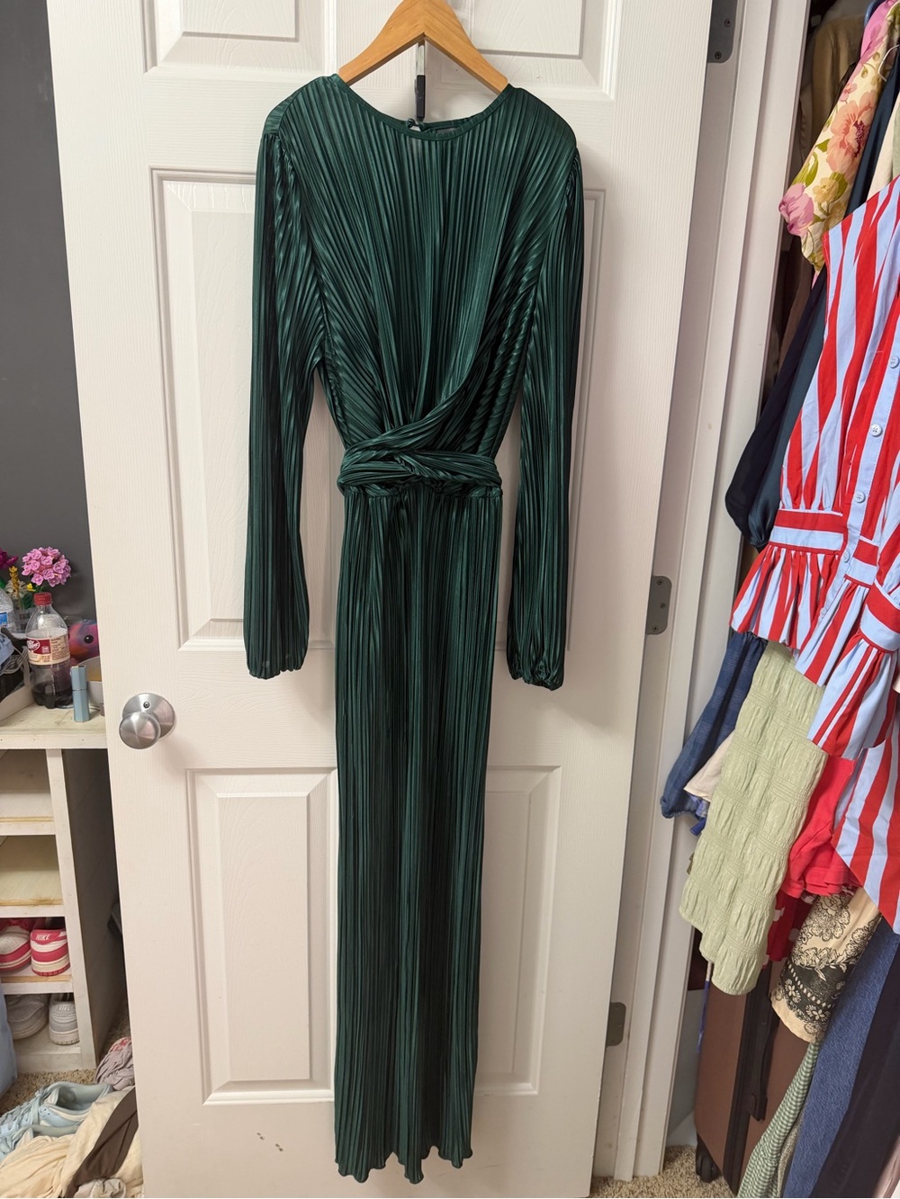 SHEIN Dark Green Pleated Long Sleeve Maxi Dress